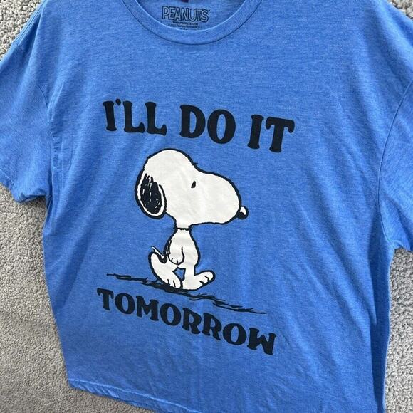 Peanuts Shirt Adult XL Blue Graphic Snoopy ILL DO IT TOMORROW Casual Mens XL - Picture 2 of 12